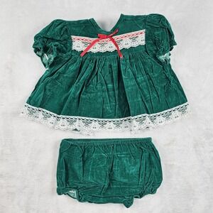 Vtg 90s Cutest One Velvet Lace Girls 2 Piece Dress & Bloomers 9 Months Green Red